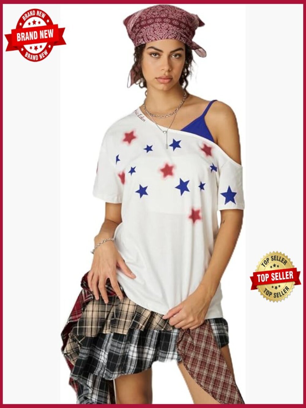 Off The Shoulder Oversized Star Graphic Tee Summer Cute Y2K Top